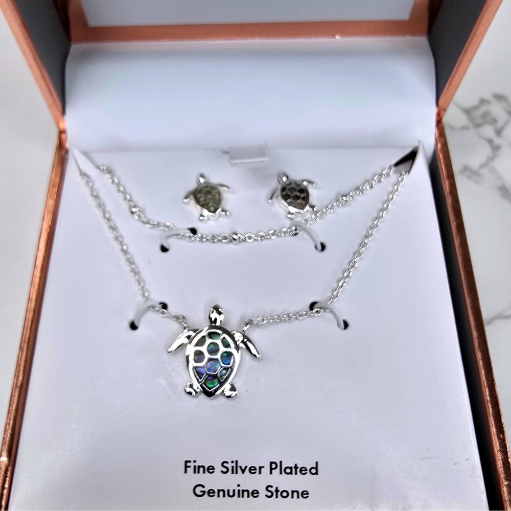 Abalone Turtle Necklace and Earring Set Believe by Brilliance Silver Plated Gift